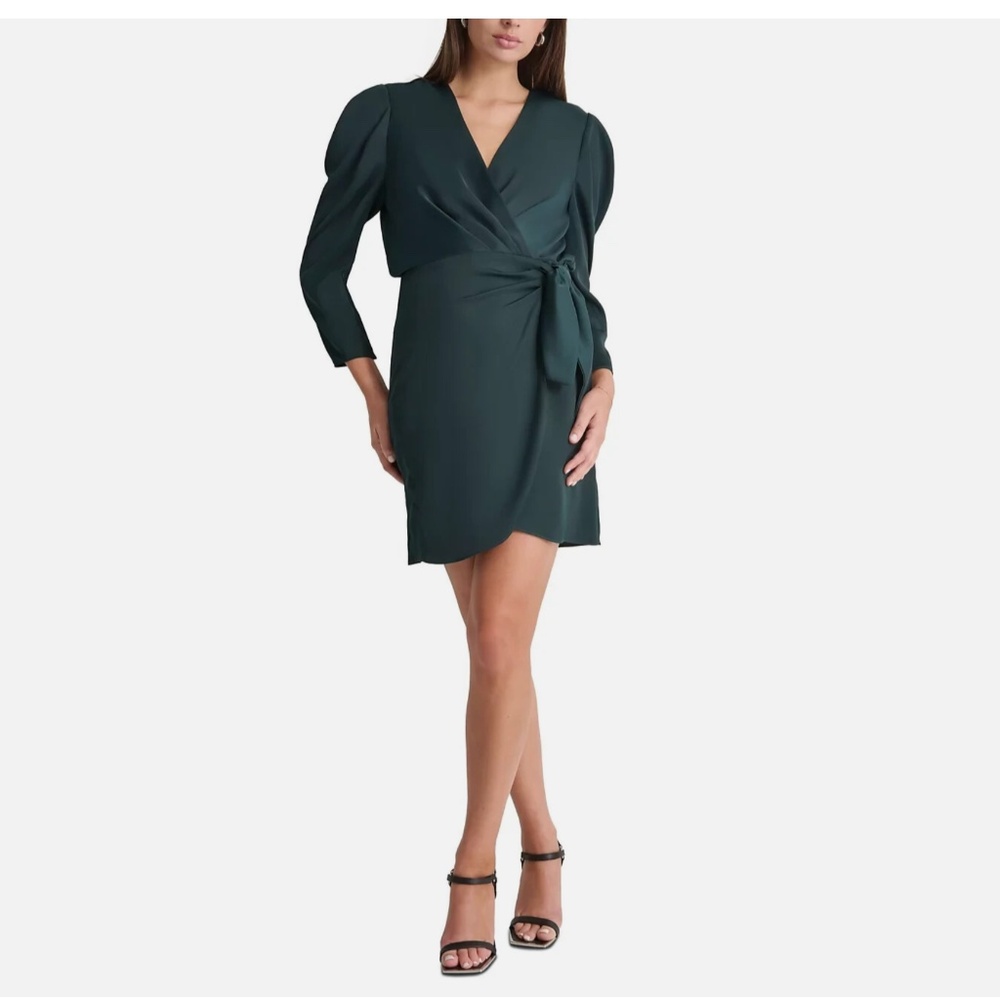 DKNY Green Faux-Wrap Puff-Sleeve V-Neck Dress – XS – NWT – $138